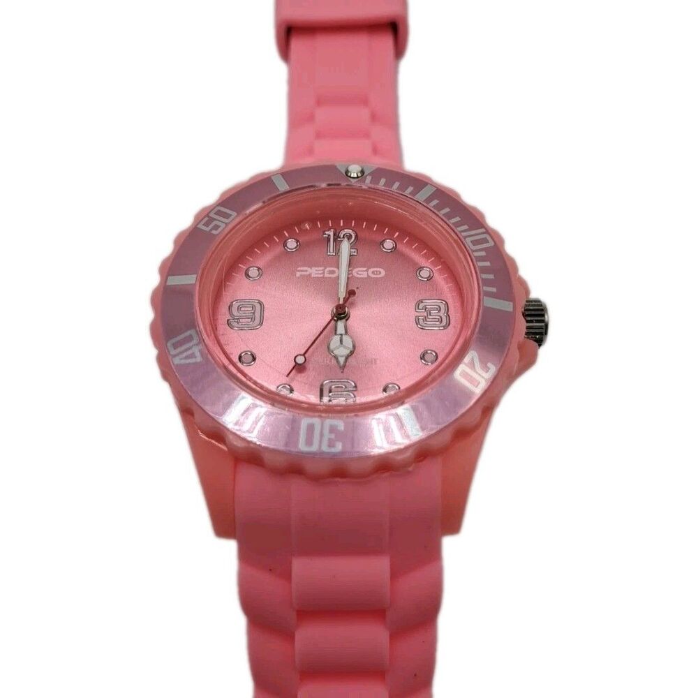 Pedego Pink Dial Round Case Rotating Bezel Silicone Band Watch Water Resistant